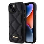 Guess İphone 15 Uyumlu Kılıf Lisanslı Pu Deri Metal Yazı Logolu Kapitone Kapak Siyah