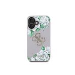 Guess İphone 16 Kılıf Lisanslı Gül Baskılı Büyük Metal Logo Dizaynlı Kapak Gri