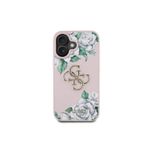 Guess İphone 16 Kılıf Lisanslı Gül Baskılı Büyük Metal Logo Dizaynlı Kapak Pembe