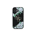 Guess İphone 16 Kılıf Uyumlu Gül Baskılı Büyük Metal Logo Dizaynlı Kapak Siyah