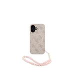 Guess iPhone 16 Magsafe Uyumlu Deri Bilek Askı İpli Yazı Logolu Pembe Telefon Kılıfı