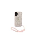 Guess iPhone 16 Pembe PU Deri Bilek Askı İpli Metal Büyük 4G Yazı Logolu Telefon Kılıfı