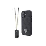 Guess İphone 16 Plus Uyumlu Kılıf Lisanslı Pu Deri Taşlı Metal Üçgen Logo Vücut Askılı