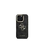 Guess iPhone 16 Pro Max Siyah Deri 4G Metal Logo Standlı Telefon Kılıfı