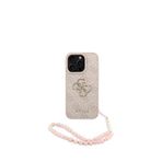 Guess iPhone 16 Pro Pembe PU Deri Bilek Askı İpli Metal Büyük 4G Yazı Logolu Telefon Kılıfı