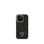 Guess iPhone 16 Pro Siyah Deri Taşlı Üçgen Logo 4G Desenli Kamera Standlı Telefon Kılıfı