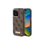 Guess İphone 16 Pro Uyumlu Kılıf Lisanslı Özellikli 4G Desen Pu Metal Plaka Klasik Logo Kahverengi