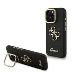 Guess İphone 16 Pro Uyumlu Kılıf Orjinal Lisanslı Grained Yazı Logolu Kamera Standlı Kapak Siyah