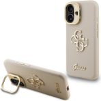 Guess İphone 16 Uyumlu Kılıf Orjinal Lisanslı Grained Yazı Logolu Kamera Standlı Kapak Bej