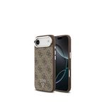 Guess iPhone 17 Air Gümüş Metal Kamera Çerçeveli Üçgen Logolu 4G Desenli Kahverengi Magsafe Uyumlu Telefon Kılıfı