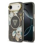 Guess İphone 17 Air Kılıf Lisanslı M-Safeli Simli Çiçek Desenli Metal Kamera Çerçeveli Kapak Siyah