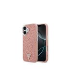 Guess iPhone 17 Pembe Metal Kamera Çerçeveli Üçgen Logolu Glitter Magsafe Uyumlu Telefon Kılıfı