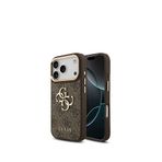 Guess iPhone 17 Pro Gold Metal Kamera Çerçeveli 4G Desenli Metal Büyük Logolu Kahverengi Telefon Kılıfı