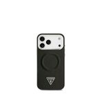 Guess iPhone 17 Pro Pu Deri Metal Kamera Çerçeveli Üçgen Logolu Magsafe Uyumlu Siyah Telefon Kılıfı