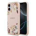 Guess İphone 17 Uyumlu Kılıf Lisanslı M-Safeli Taneli Çiçek Tasarımlı Metal Yazı Logolu Kapak Pembe