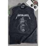 Guitar Metallica Baskılı Yıkamalı Kolsuz Tişört, Unisex Rock Band Temalı Sıfır Kol Vintage Atlet - Siyah - 2XL