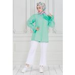 Gül Broşlu Kolu Fırfırlı Tunik-Yeşil