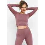 Gül Kurusu Uzun Kollu Dar Kalıp O Yaka Kadın Crop Top T-Shirt - 97150