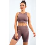 Gül Kurusu Yüksek Bel Toparlayıcı Dar Kalıp Crop Biker Kadın Tayt Takım - 95302