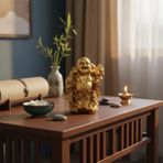 Gülen Buda Altın Ton Dekoratif Biblo 26 cm | Ev Ofis Feng Shui Objesi, Şans ve Bereket Figürü