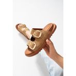 Güllü Shoes Altın Tokalı Hasır Örgü Bantlı Ultra Rahat Ortopedik Tabanlı Kahverengi Yazlık Kadın Terlik