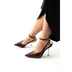 Güllü Shoes Bordo Rugan Stiletto Kadın Ayakkabı, Altın Topuklu, Bilekten Bağlı Tokalı, Sivri Burun, Şık Stiletto