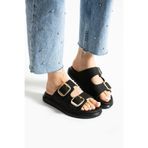 Güllü Shoes Siyah Hasır Dokulu Altın Tokalı Ortopedik Kadın Terlik | Şık, Hafif ve Rahat Yazlık Günlük Model