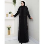 GÜLPERİ KADIN BÜYÜK BEDEN FLOK BASKILI TAŞLI ABAYA/ABİYE ELBİSE SİYAH
