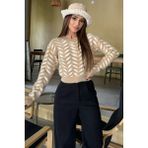 Gülseli Bisiklet Yaka Desenli Yumoş Iplik Croptop Kadın Triko Kazak - Standart - Bej