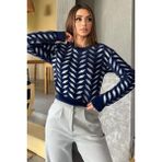 Gülseli Bisiklet Yaka Desenli Yumoş Iplik Croptop Kadın Triko Kazak - Standart - Lacivert
