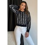 Gülseli Bisiklet Yaka Desenli Yumoş Iplik Croptop Kadın Triko Kazak - Standart - Siyah