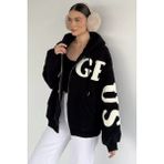 Gülseli Kadın Kapüşonlu Çift Cepli Peluş Ceket P-00020006 - Standart - Siyah