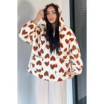 Gülseli Kadın Kapüşonlu Ön Fermuarlı Iç Astarlı Polar Mont P-00018930 - Standart - Kiremit - Krem Rengi
