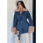 Gülseli Kadın Yaka Kol Kürk Detaylı Jean Kot Ceket P-00018979 - Koyu Mavi - 38