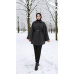 Gülsüm Aydın Kadın Kaşe Panço - Tiftiklenmeyen Deri Kemerli Oversize Uzun Kaban