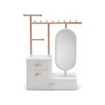Gümrük Bey Aynalı Takı Düzenleyici Organizer – Çekmeceli Masaüstü Takı Standı, Rose Gold Metal Askılı - Beyaz