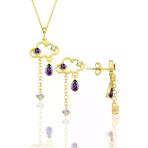 Gümüş altın yaldızlı ametis ve zirkon taşlı bulut kolye ve küpe ikili set SGTL12354GOLD