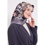 Gümüş Çiçek Desen Twill İpek Eşarp