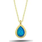 Gümüş Gold Damla Mavi Opal Taşlı Kadın Kolye SL5700