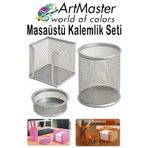 Gümüş Gri Masaüstü Fileli Kalemlik Seti 3 Parça 1 Paket 3 Lü Masa Üstü Düzenleyici Kalemlik Küp Notluk Ataşlık
