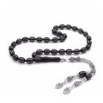 Gümüş Hediye Al 925 Ayar Gümüş Çift Püsküllü Gümüş 6lı Karpuz Yarma Arpa Kesim Erzurum Oltu Taşı Siyah Tesbih