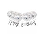 Gümüş Konfetili Şeffaf Balon Gümüş Happy Bırthday Kaligrafi Banner Yazı