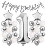 Gümüş Konsept 1 Yaş Doğum Günü Kutlama Seti Beyaz Gümüş Konfetili Balon Rakam Yıldız Folyo Ve Banner