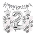 Gümüş Konsept 2 Yaş Doğum Günü Kutlama Seti Beyaz Gümüş Konfetili Balon Rakam Yıldız Folyo Ve Banner