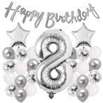 Gümüş Konsept 8 Yaş Doğum Günü Kutlama Seti Beyaz Gümüş Konfetili Balon Rakam Yıldız Folyo Ve Banner