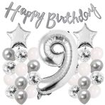 Gümüş Konsept 9 Yaş Doğum Günü Kutlama Seti Beyaz Gümüş Konfetili Balon Rakam Yıldız Folyo Ve Banner