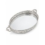 Gümüş Oval Aynalı Metal Çay Tepsisi, Çift Kulplu, Eskitme Finish, Dekoratif, 57x32x8 cm
