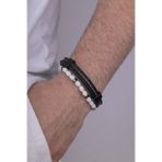 Gümüş Pazarım Beyaz Jade Taşı Dikişli Deri Erkek Bileklik Kombini