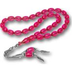Gümüş Püsküllü Pembe Ateş Kehribar Tesbih SL12273