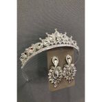 Gümüş Rengi Kristal Cam Taşlı Gümüş Rengi Kına Tacı Ve Küpe Takımı